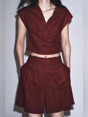 Zara Burgundy Linen Blend Two-Piece Set